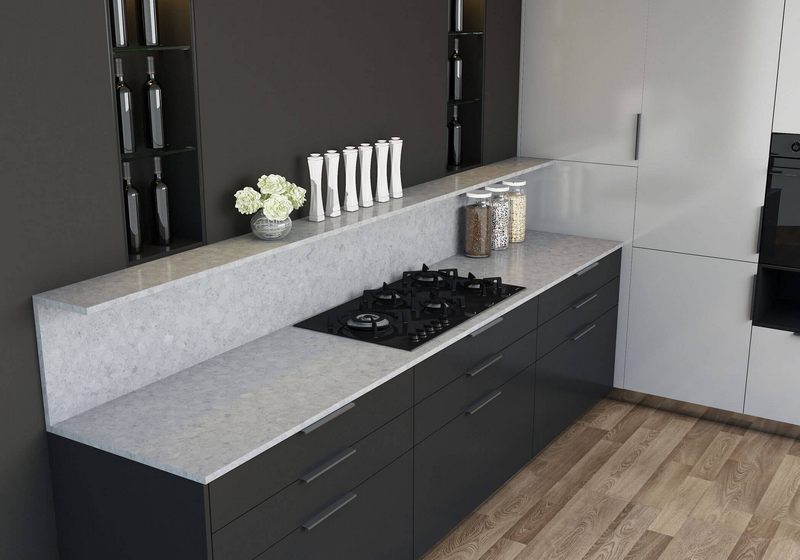 bếp. Đá ốp mặt bếp đá nhân tạo có khả năng uốn cong thành nhiều hình, có độ bám bẩn, chống nước và dễ dàng vệ sinh, đem lại sự tiện lợi cho gia chủ khi sử dụng cũng như độc đáo cho không gian bếp.